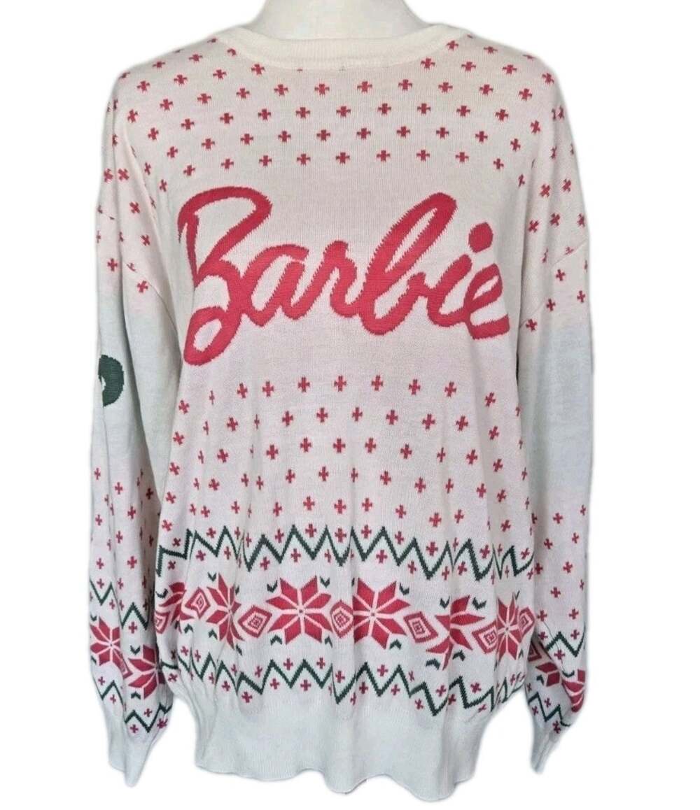 Barbie Fairisle Snowflake Pink White Green Ponytail Knit Sweater Matel Sz XL